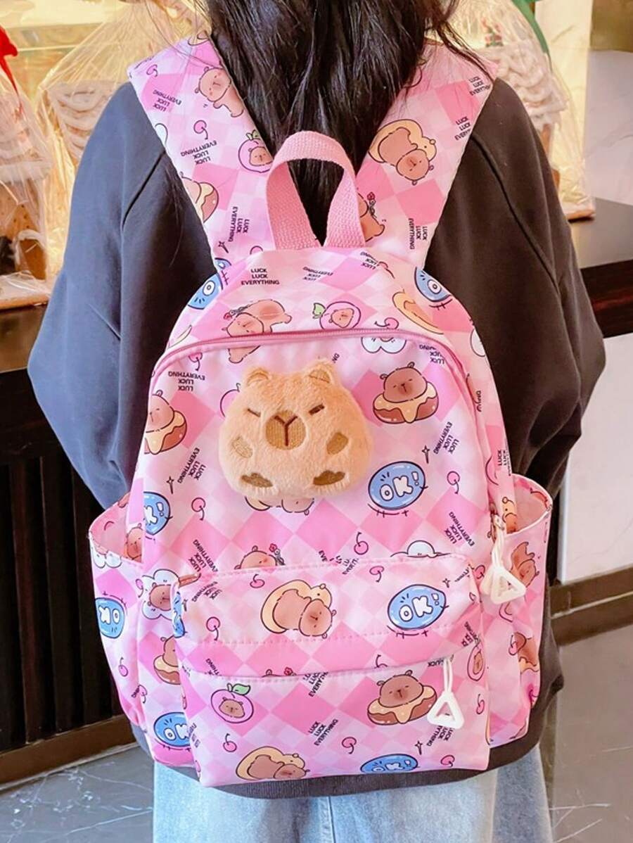 Nueva y adorable mochila para niños con diseño de capibara, mochila ligera de alta capacidad para viajes y escuela - Rosa - Ver 1