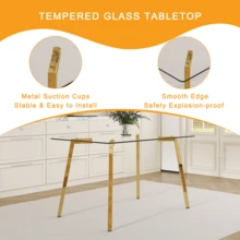 51 * 31.5 Inch Rectangular Dining Table: Transparent Glass Paired With Golden Seven Character Legs, Showcasing A Luxurious Texture. Suitable For Various Places Such As Kitchens, Dining Rooms,Etc.