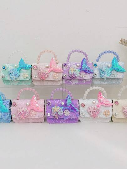 1pc Handbag, Lace Flower Beaded Bag, PU Sequin Mini Bag, Girls Shoulder Bag, Cute Fish Decor Pouch, Accessory Snap Closure Coin Purse, Suitable For Kids Travel, Shopping, Fashion Outfit, Coin Purse Storage