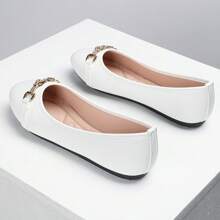 OMS Women's Black Flat Shoes, Low Vamp Loafers, Thin Fashionable Sexy Square Buckle Versatile Slip-On Shoes, Round Toe, Soft Sole, Suitable For All Seasons