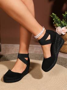 Fashion Crisscross Elastic Cord Covered Heel Linen Rope Platform Women Sandals - All Black - View 6