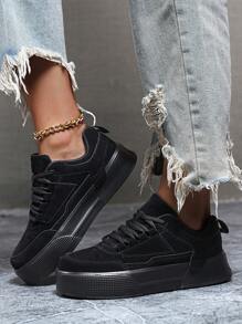 Women's Minimalist Solid Color Spliced Detail Front Lace-Up Skate Shoes, Round Toe Platform Casual Sneakers - Black - View 6