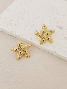 Women's Golden Star Design Stud Earrings, Stainless Steel Summer Starfish Geometric Textured Fashion Jewelry