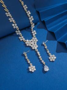 3pcs Set Fashion Long Tassel Artificial Crystal Pendant Necklace & Earrings Set, Gold, Suitable For Women Wedding, Party Wear And Holiday Gifts