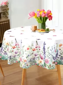 1pc Reusable Polyester Spring Floral & Butterfly Pattern Round Tablecloth, Waterproof Colorful Patio Dining Table Cover, Party Table Skirt Decor - Wildflowers Butterflies Round - View 3