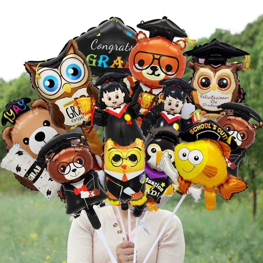 10pcs Random Style Graduation Balloons, Graduation Bear, Graduation Certificate, Graduation Party Decoration, Photography Props - Multicolor - View 1