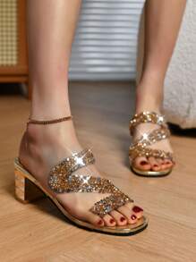 Women Fashion Sexy Strap Transparent Strap, Rhinestone Decor Open Toe Stiletto Heels Sandals, Suitable For Party And Everyday Wear