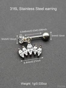 1 Piece Thin Pin Dangle Tassel Earrings With Crystal Zirconia Crown Helix Cartilage Piercing Ear Studs Body Jewelry For Women Girls Party Screwed Ball End