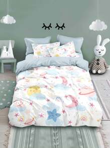 4pcs/Set Cartoon Cute Blue Tone Planet Series Bedding Set Including 1pc Duvet Cover, 2pcs Pillow Shams, 1pc Flat Sheet, Without Comforter And Pillow Inserts, Soft Fabric With Star, Moon, Rainbow, Cloud Patterns, Suitable For Kids & Adults Bedroom, Hotel, Dorm Room Decor