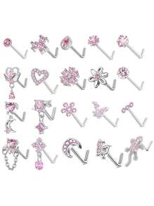 20pcs/20G Stainless Steel L-Shaped Stud Earrings With CZ Butterfly, Star, Moon, Heart And Flower Pendant, Suitable For Daily Wear And Gifts, Pink/White/Blue - Blue - View 6
