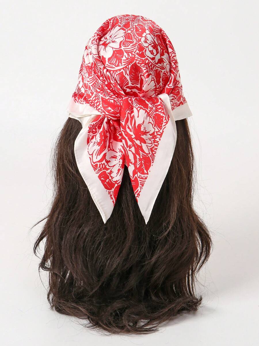 1 件简约花卉印花 27.55 英寸方形围巾，女士新款时尚头巾，可用作腰带、发饰、头带和围巾 - 彩色 - 查看 1