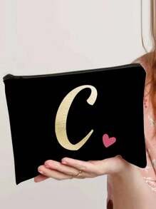 A-Z Letter Print Heart Graphic Cosmetic Bag, Black Mini Size, Gold Tone Lettering, Minimalist Style, Suitable For Logo Customization - Black - View 20