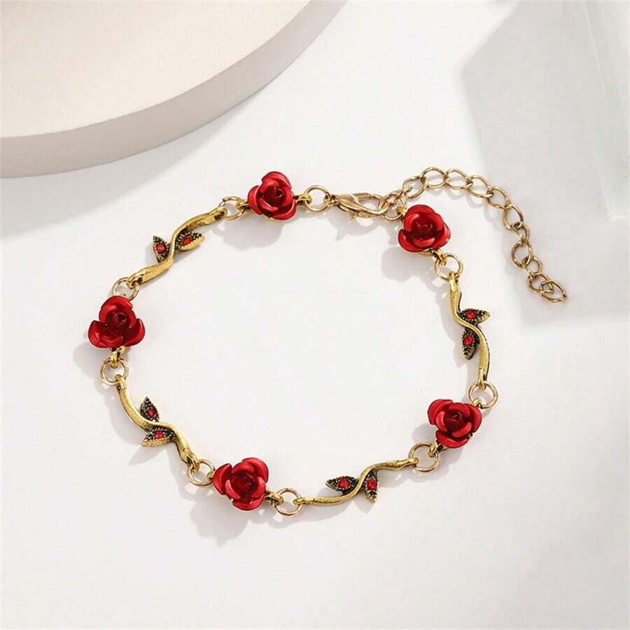 1pc Vintage Alloy Rose Flower Charm Bracelet, Fashion Jewelry