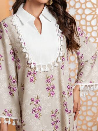 女士休闲拼布印花长袖连衣裙，简约设计，适合春夏季