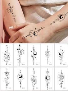 10 vellen tijdelijke tatoeages met maansterrenpatroon voor vrouwen en mannen, waterdichte geometrische nep-tatoeagestickers voor hand-, vinger-, borst- en lichaamsversiering, langdurige lichaamsdecals