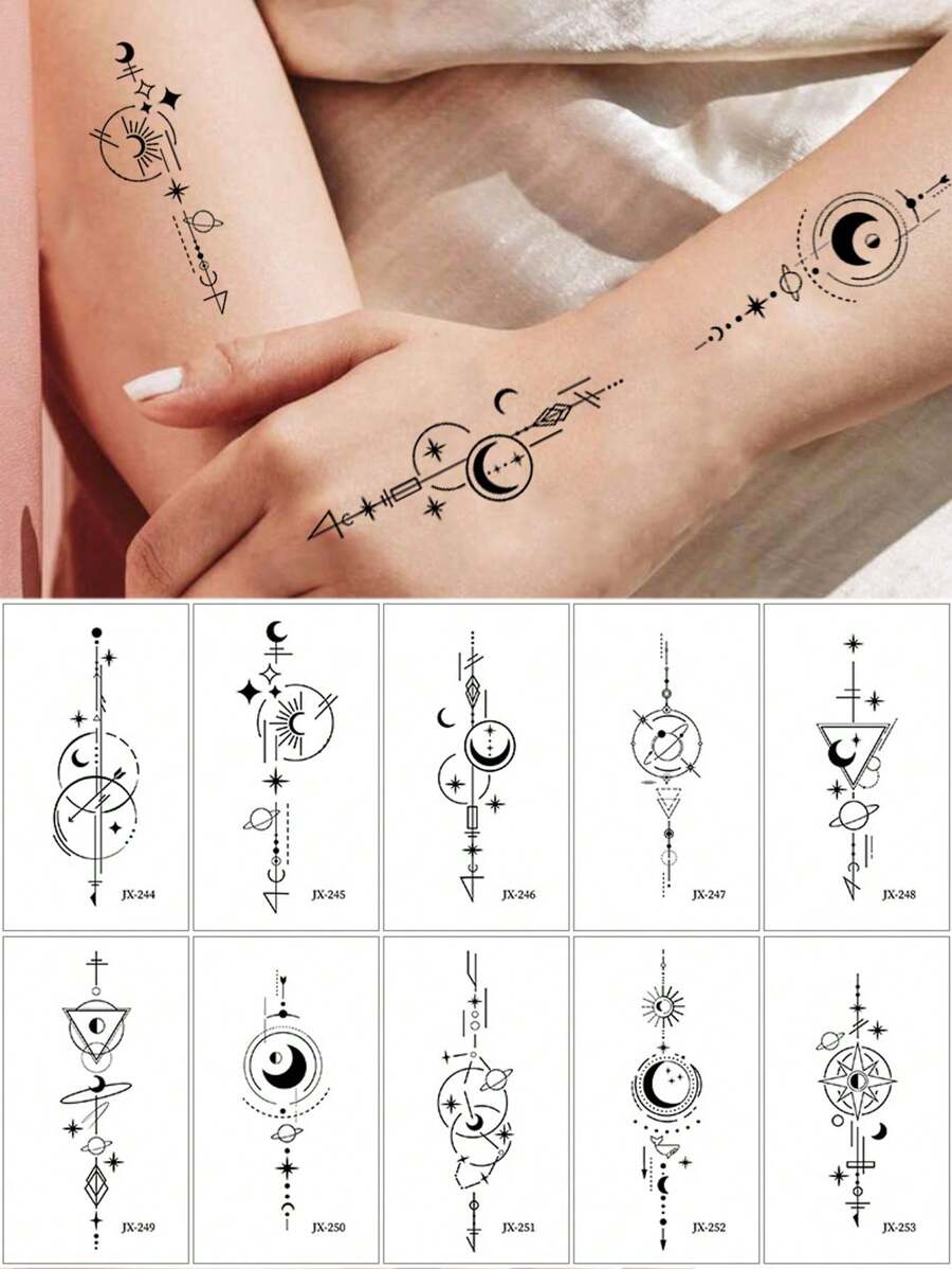 10 vellen tijdelijke tatoeages met maansterrenpatroon voor vrouwen en mannen, waterdichte geometrische nep-tatoeagestickers voor hand-, vinger-, borst- en lichaamsversiering, langdurige lichaamsdecals