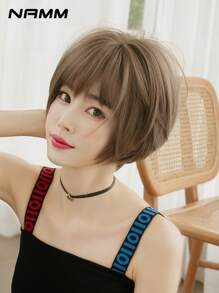 NAMM Wig Rambut Bob Cokelat Muda untuk Wanita, Wig Pendek Lurus 12 inci dengan Poni, Wig Serat Sintetis Tahan Panas untuk Anak Perempuan, Penggunaan Sehari-hari dan Pesta. - Light Brown - View 5