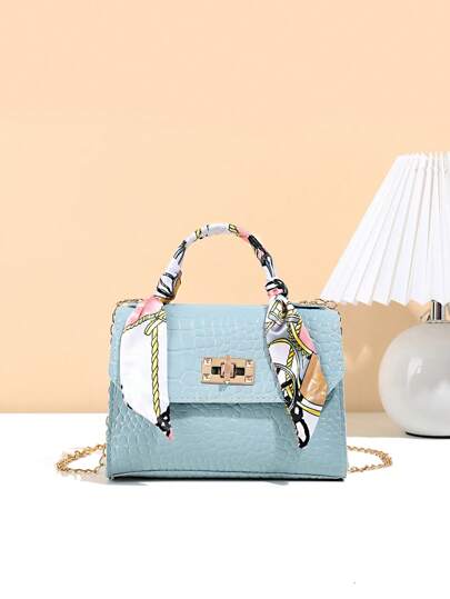 وشاح حريري إكسسوار سلسلة ذات ملمس تمساحي للحقيبة اليدوية