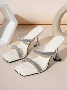Women High Heel Sandals, 2025 New Summer Slip-On Asymmetric Heel Crystal Decorated Square Toe Slides