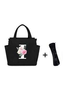 White Letters A~Z Printed With Flowers Lunch Bag For Women Men,With A Black Cutlery Storage Bag, Leakproof Insulated Soft Large Lunch Cooler Bag - Reusable Lunch Bag ,Solid Color Tableware Storage , Leak-Proof Portable Fabric Tableware Bag