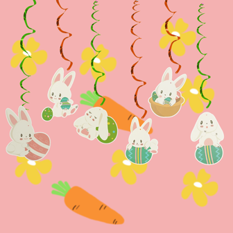 6 piezas de decoraciones colgantes con remolinos de Pascua, que incluyen patrones vibrantes de conejos, huevos y zanahorias, para decorar el techo del hogar y la fiesta festiva