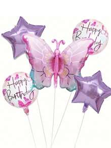 1pc/5pcs Set Gradient Butterfly & Pentagram Foil Balloons For Birthday Party Decorations, Suitable For Holiday Party & Baby Shower - Multicolor - View 5