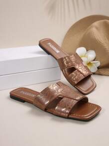 Sandalias planas casual de verano para mujer con estampado de patrón de piel de serpiente y lámina dorada de banda ancha