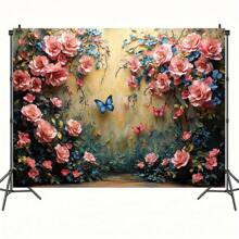 1 pieza Fondo de corona de poliéster con mariposas, luz amarilla suave, apto para decoración de entrada, habitación, jardín, adecuado para cumpleaños, eventos primaverales