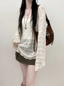 V-Neck Hollow Out Knit Sweater Loose Casual Lightweight Long Sleeve T-Shirt