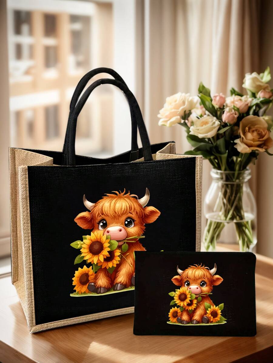 Set di borse a tracolla in tela stampata con tema di bovini delle Highlands, con grande capacità, per spalla e da portare a mano. Borsa shopping multifunzionale in lino di grandi dimensioni per donne - Multicolore - Visualizzare 1