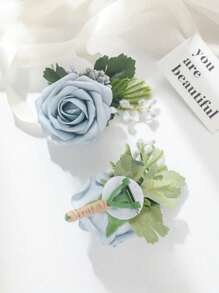 2 件玫瑰花配人造绿植胸花和腕带套装，浪漫森系风格，适合婚礼、正式活动、派对和典礼 - A - 查看 7