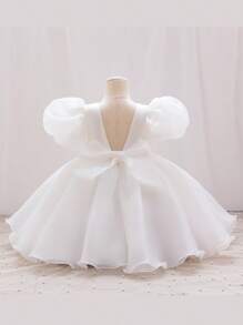 Young Girl Crew Neck Short Puff Sleeve Glamorous Princess Dress - White - View 2