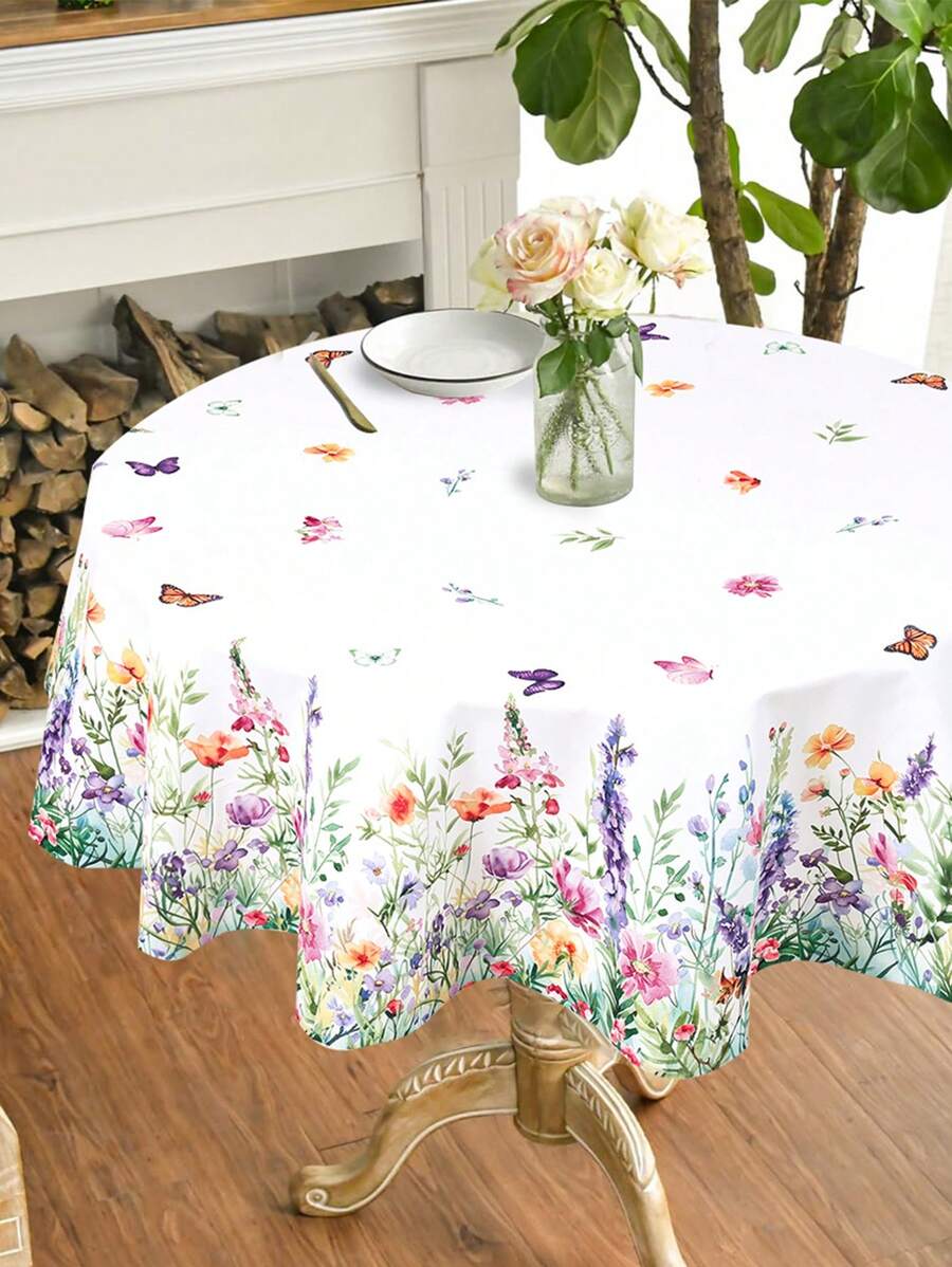 1pc Reusable Polyester Spring Floral & Butterfly Pattern Round Tablecloth, Waterproof Colorful Patio Dining Table Cover, Party Table Skirt Decor