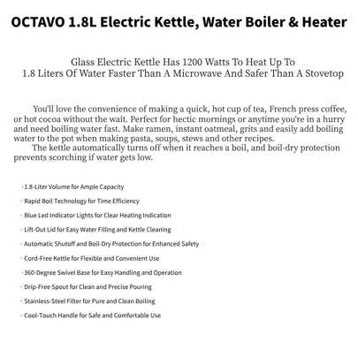  OCTAVO 电热水壶，容量 1.8 升，功率 1200 瓦，硼硅酸盐玻璃壶身，自动断电，防烫手柄，LED 指示灯，360° 旋转底座，防干烧保护，适用于冲泡咖啡和茶