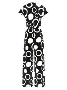 Mono de verano con estampado de círculos en blanco y negro, cintura alta, ancho y sin mangas, con dragón - Negro - Ver 4