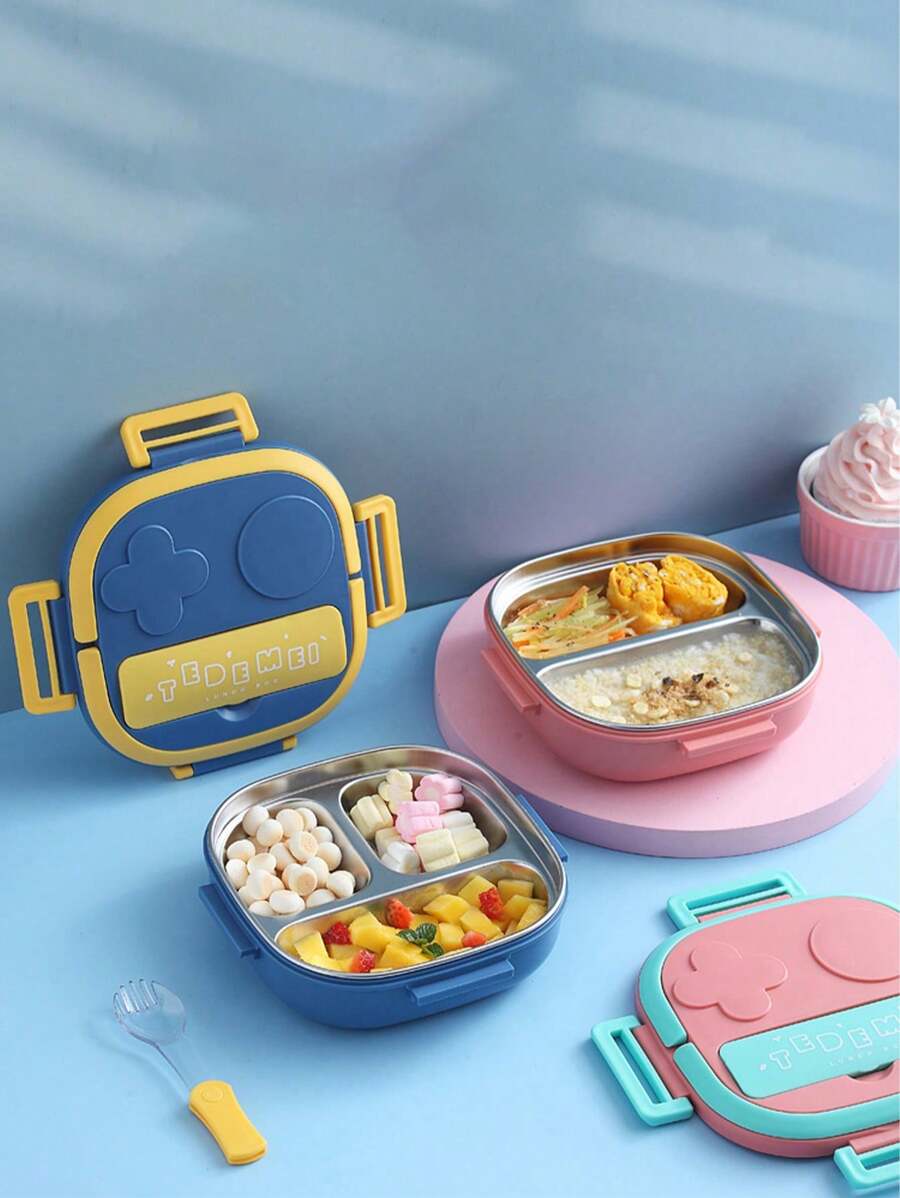 1pc, Bento Lunch Box For Kids -3 Compartments, Round Cute Robot Shape Lunch Box Snack Box Leak-Proof, Portable Handle, Microwave/Dishwasher Friendly - Multicolor - View 1