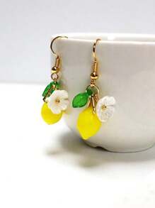 2 Pcs Original Summer Style Sweet Resin Yellow Green Lemons Flowers Dangle Earrings For Women Daily Wear