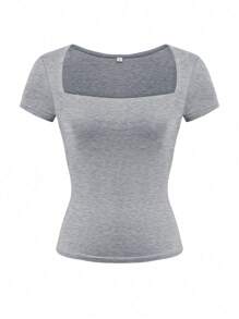 Vaiaye Women's Summer Solid Knitted Square Neck Sexy Slim Fit Y2K Cropped Waist T-Shirt