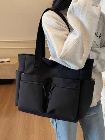 1pc Black Multi-Pocket Tote Bag, Minimalist Design, Lightweight & Practical, Large Capacity Women's Shoulder Bag, College/University Student Bag, Fashion Casual Versatile Canvas Tote, Convenient For Travel & Daily Use, Solid Color Tote Bag, Easily Matches Various Outfits