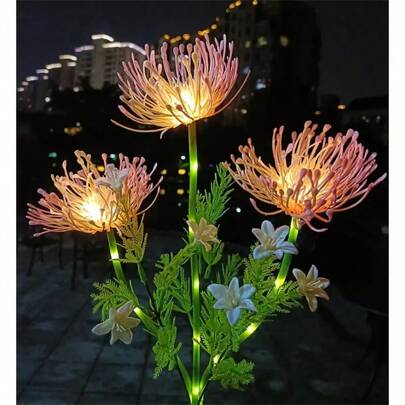 1/2三头粉色户外太阳能花地灯，常亮带闪烁模式，适用于户外草坪、道路景观、花园、阳台装饰灯