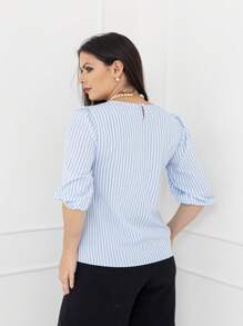Women's Striped Blouse With 3/4 Sleeves, Crepe Fabric, New - Baby Blue - View 4