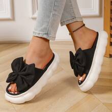 1 Pair Cute Solid Color Bow Cloth Lady House Slippers, Thick Anti-Slip Soft EVA Sole, Breathable Comfort Vamp, Suitable For All Seasons