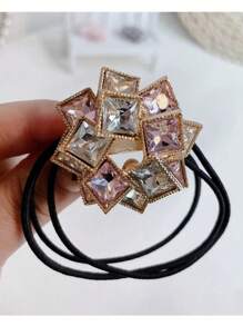 1pc Elegant New Zinc Alloy Square Rhinestone Stretch Hair Tie Ponytail Holder, Suitable For Ladies Everyday Wear, Party, Gathering,Hair Accessories,Hair Elastics,Hair Ties,Hair Rope Ponytail Holders, Hair Bobbles ,Gym Sport Outfit Head Accessories