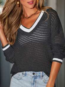 Women V-Neck Long Sleeve Casual Tennis Knit Sweater, Pullover Crochet Mesh Coverup Top - Black and White - View 1