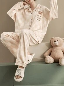 Pajama Women Spring And Autumn Cartoon New Cardigan Long-Sleeved Trousers Home Clothes Can Be Worn Outside The Suit. - 杏色 - 查看 3