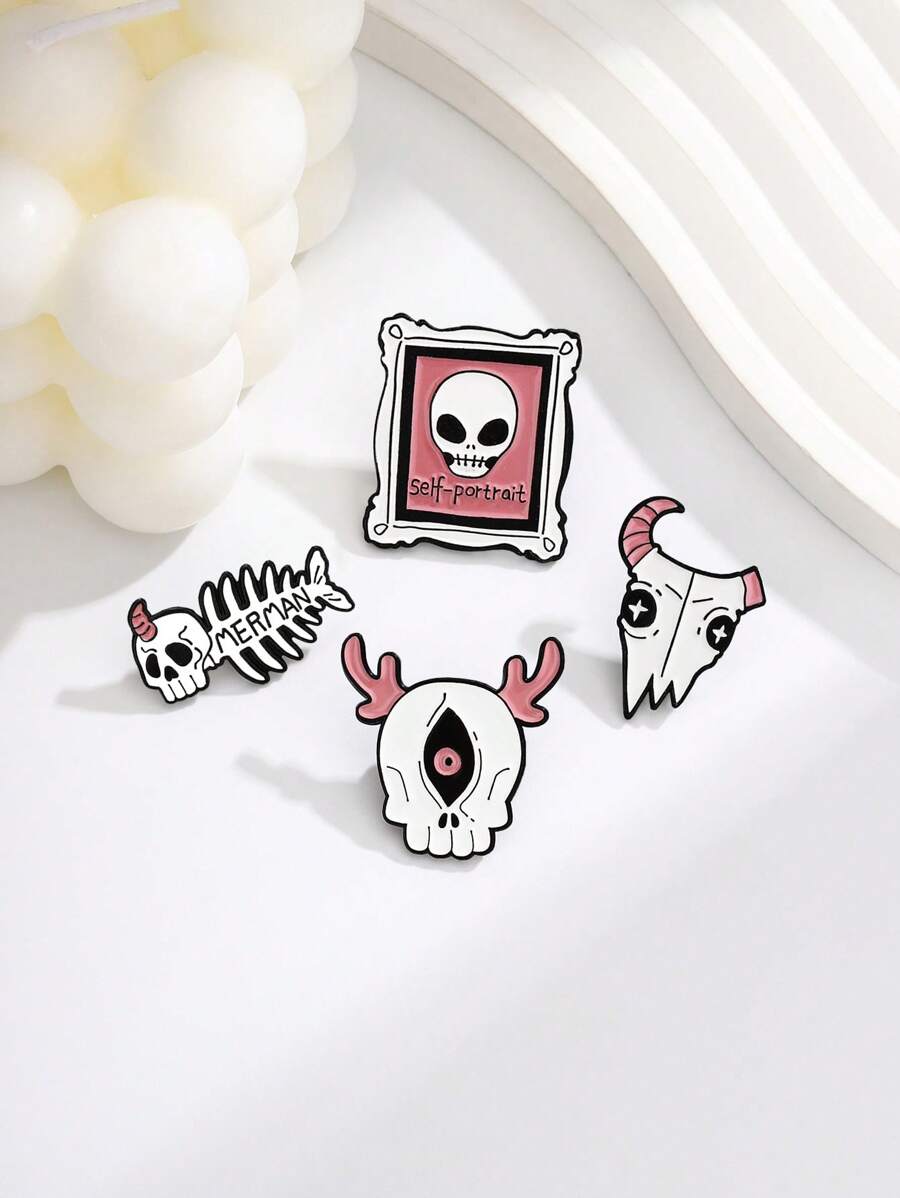 1 件卡通骷髅、美人鱼、外星人、鹿、牛头骨设计胸针 - 彩色 - 查看 1