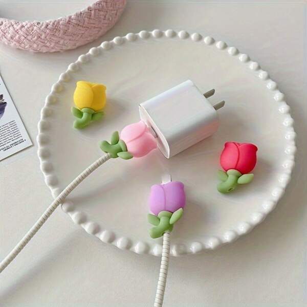 2 peças de protetor de cabo com design fofo de flor de tulipa - Proteja e decore o cabo de dados do seu celular intacto!