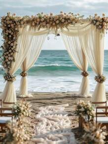 1 pieza Arco de boda romántico color champán con cortina de tul, de material de poliéster, cortina de boda color champán, fondo de boda liso, decoración para fiesta de cumpleaños, ceremonia de boda y recepción, adecuada para bodas y fiestas grandes, telones de fondo de boda, decoraciones para fiestas festivas, decoraciones del Día de San Valentín