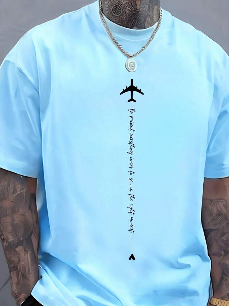 Camiseta Masculina Aviao Aterrisando na Sua Vida Momento Certo Camisa 100% Algodão Malha Importada Premium Básica Malha 30.1 Casual - Azul bebê - Visão 1