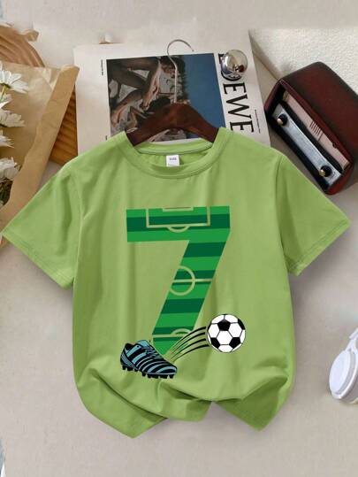 Young Boy Fashionable Street Style Football Graphic Round Neck T-Shirt, Summer